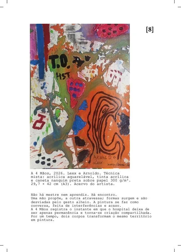 Página do livro-excerto A Travessia, com pintura, registros e texto editorial
