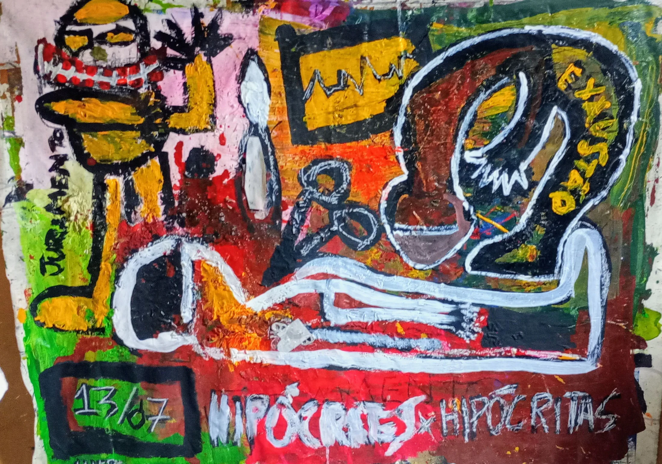 Pintura Corpectomia de C6 e Artrodese Cervical Anterior, com figuras deformadas, escrita e gestos expressivos