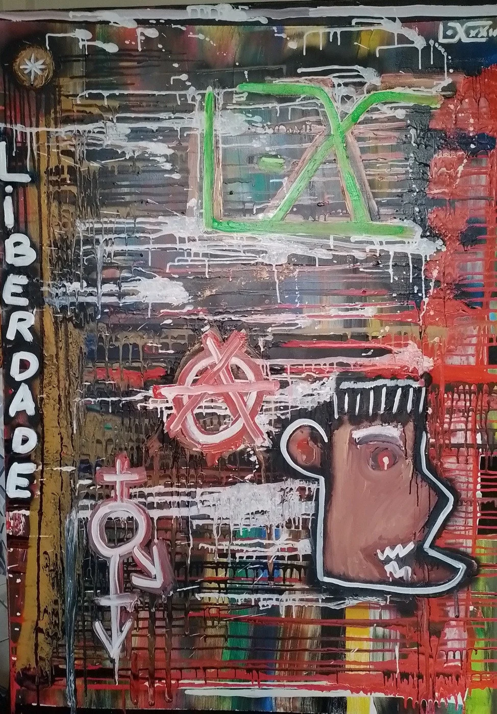 Transanarco ou Painel da Liberdade, pintura gestual com inscrições e formas sobre fundo vermelho e preto